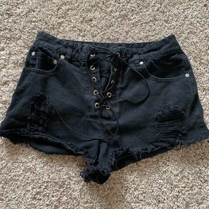 Black denim lace-up shorts
